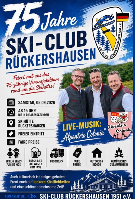 Veranstaltungsplakat 75-jähriges Vereinsjubiläum Ski-Club Rückershausen am 05.09.2026 in Skihütte Ski-Club Rückershausen