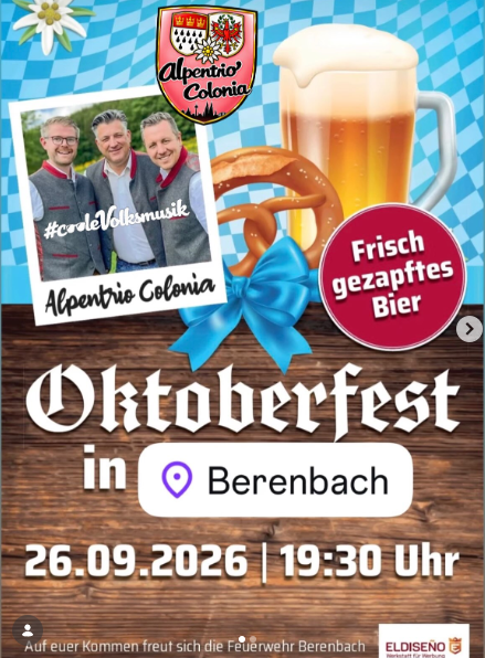 Veranstaltungsplakat Oktoberfest Berenbach in der Eifel am 26.09.2026 in Gerätehaus Feuerwehr Berenbach